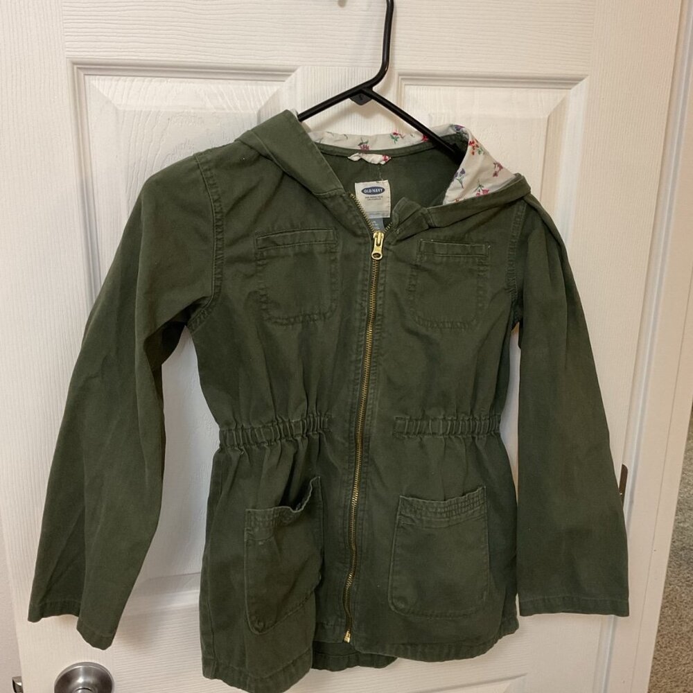 Old Navy Utility Jacket Girls Size L Green Pockets Hood Elastic Waist Zip Up